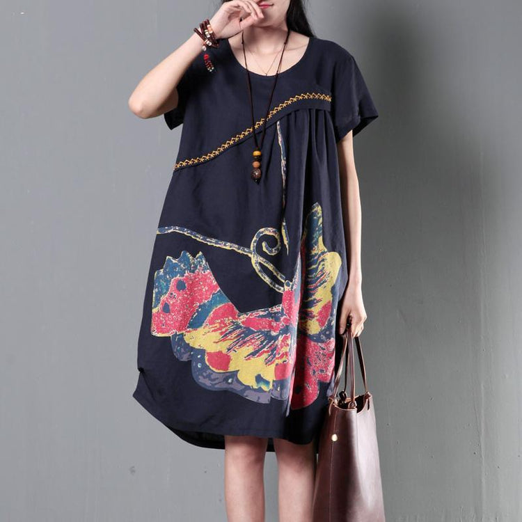 flying butterfly print navy linen sundress plus size shift dresses summer new design - Omychic