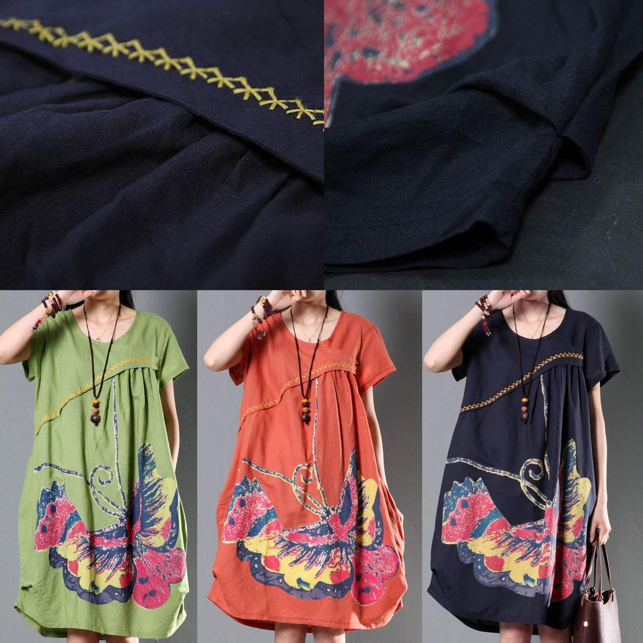 flying butterfly print navy linen sundress plus size shift dresses summer new design - Omychic