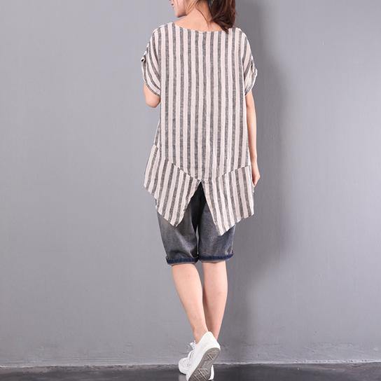 gray alphabet print striped linen blouse plus size low high t shirt - Omychic