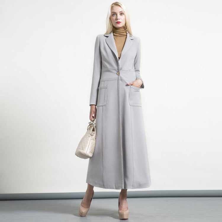 gray autumn winter cotton slim fit long coat elegant women lapel collar trench coats - Omychic