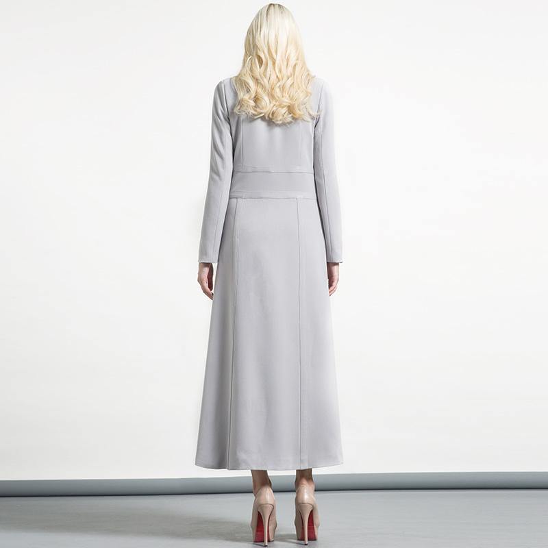 gray autumn winter cotton slim fit long coat elegant women lapel collar trench coats - Omychic