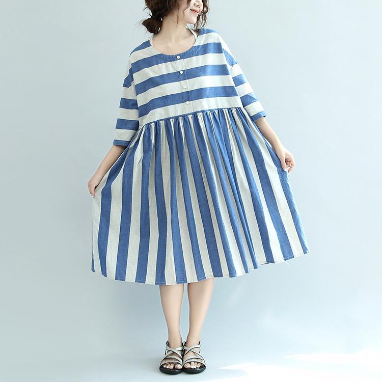 gray blue striped linen dresses plus size cotton high waist sundress half sleeve mid dress - Omychic