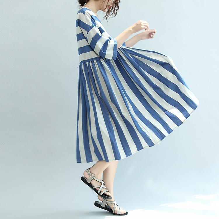 gray blue striped linen dresses plus size cotton high waist sundress half sleeve mid dress - Omychic
