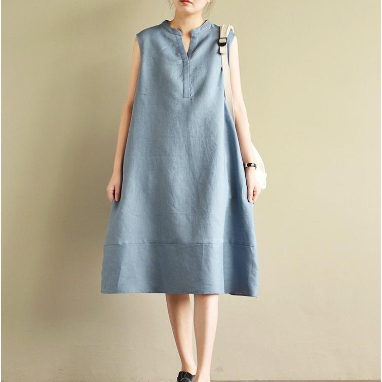 gray blue stylish linen dresses plus size patchwork sundress sleeveless maxi dress - Omychic
