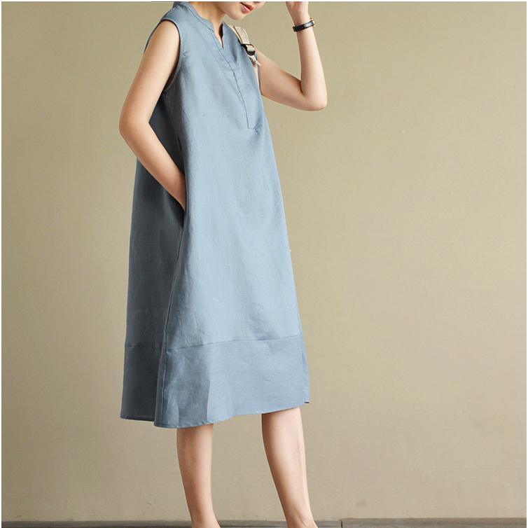 gray blue stylish linen dresses plus size patchwork sundress sleeveless maxi dress - Omychic