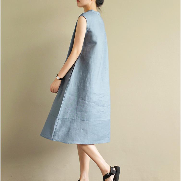 gray blue stylish linen dresses plus size patchwork sundress sleeveless maxi dress - Omychic