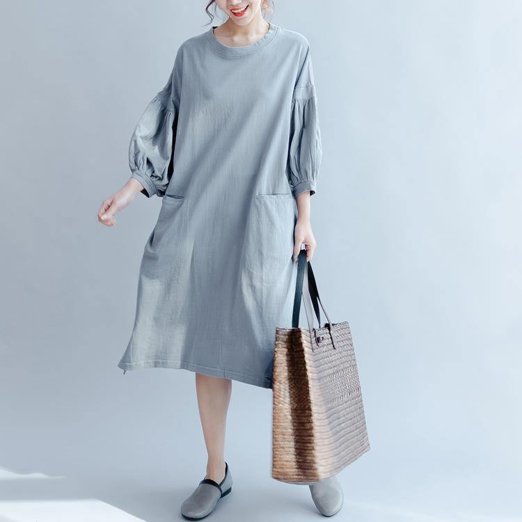 gray blue vintage sundress plus size knit cotton summer dress puff sleeve maxi dress - Omychic