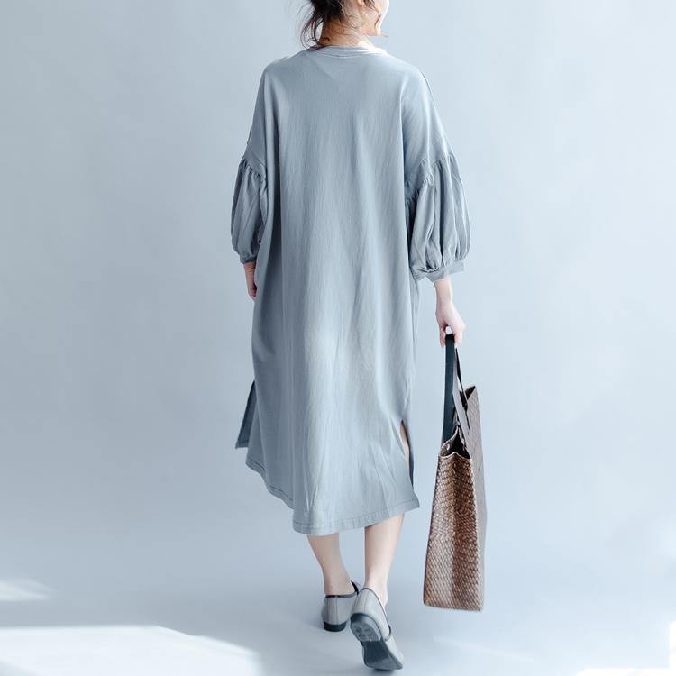 gray blue vintage sundress plus size knit cotton summer dress puff sleeve maxi dress - Omychic