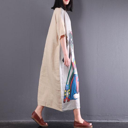 Gray Casual Cartoon Print Linen Dresses Oversize Sundress Vintage Patchwork Short Sleeve Maxi Dress - Omychic