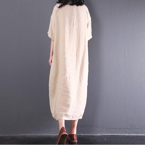 Gray Casual Cartoon Print Linen Dresses Oversize Sundress Vintage Patchwork Short Sleeve Maxi Dress - Omychic