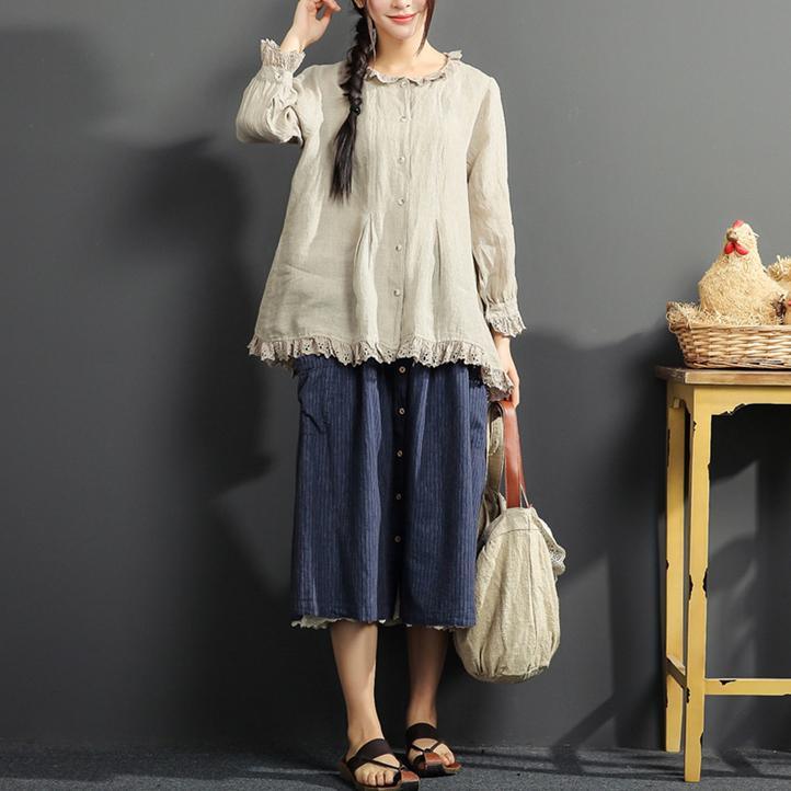 Gray Casual Cotton T Shirt Oversize Embroidery Blouse Vintage Long Sleeve Shirt - Omychic