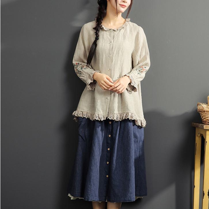 Gray Casual Cotton T Shirt Oversize Embroidery Blouse Vintage Long Sleeve Shirt - Omychic
