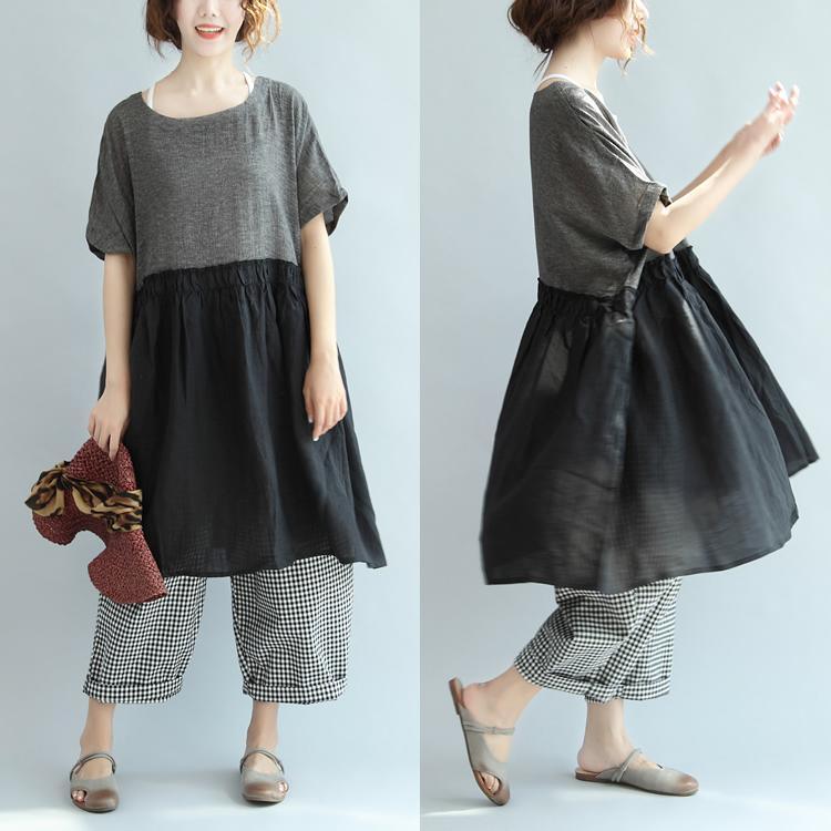 gray casual patchwork summer dresses oversize linen sundress short sleeve shif dress - Omychic