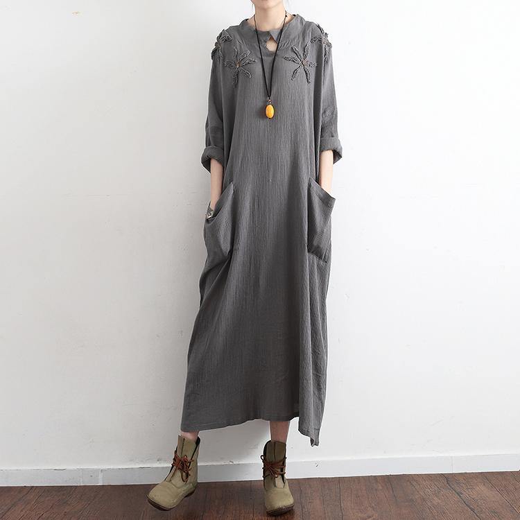 gray casual  stylish linen dress pockets long sleeve sundress embroidery vintage maxi dress - Omychic