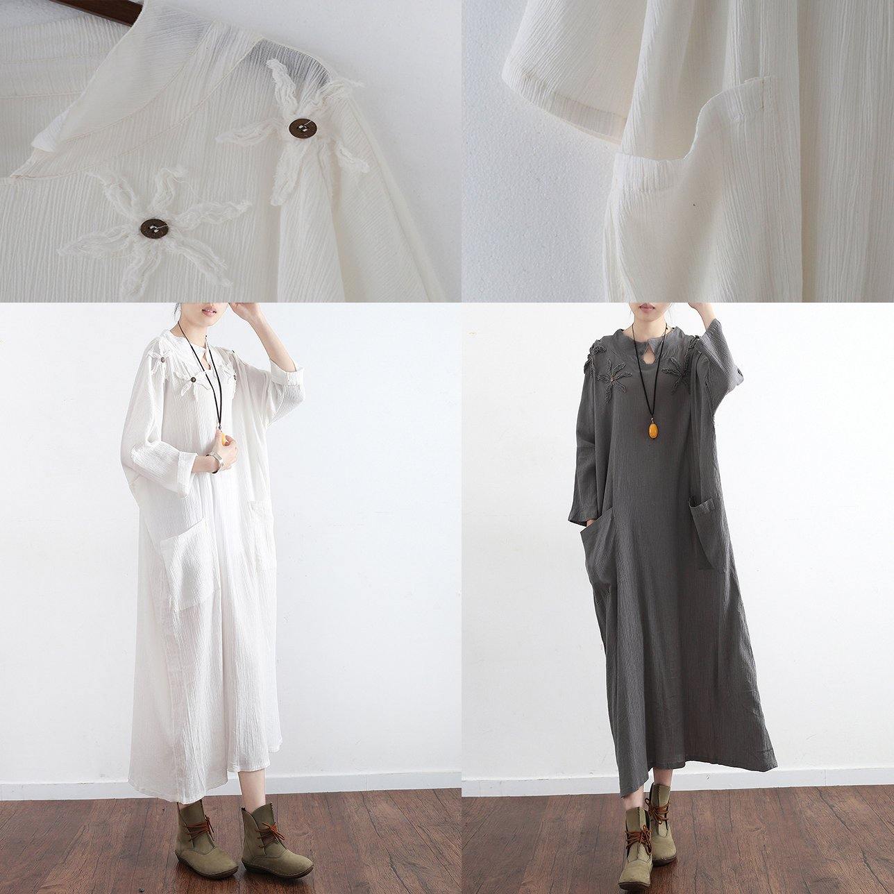 gray casual  stylish linen dress pockets long sleeve sundress embroidery vintage maxi dress - Omychic
