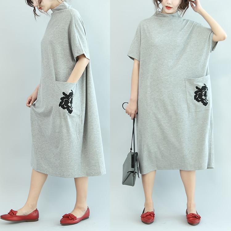 Gray Casual Turtle Neck Cotton Summer Dresses Pockets Embroidery Oversize Sundress Short Sleeve Maxi Dress - Omychic