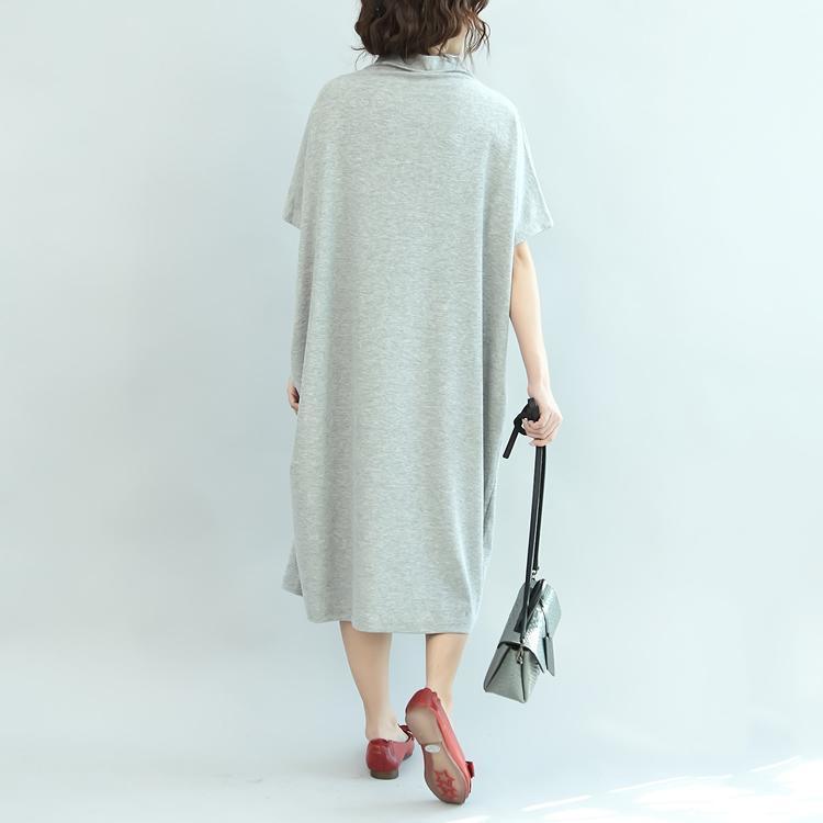 Gray Casual Turtle Neck Cotton Summer Dresses Pockets Embroidery Oversize Sundress Short Sleeve Maxi Dress - Omychic