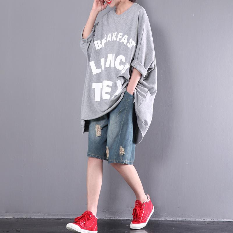 gray cotton t shirt original plus size blouses oversize summer pullover - Omychic