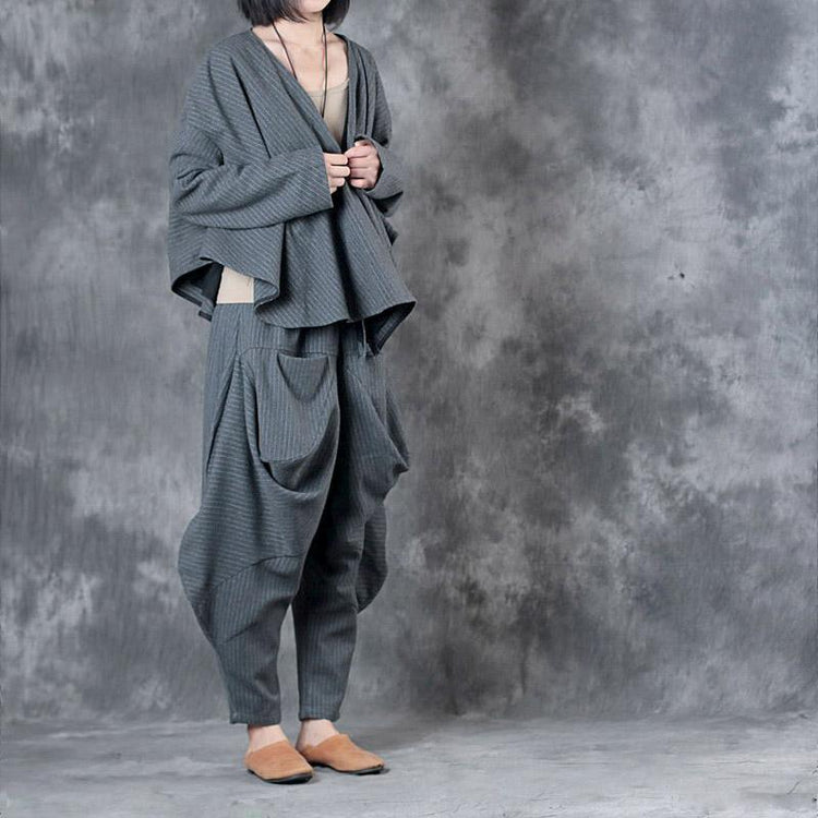 Gray Fashion Two Pieces Winter Woolen Blended Loose Chunky Coats With Asymmetric Desigan Pants - Omychic