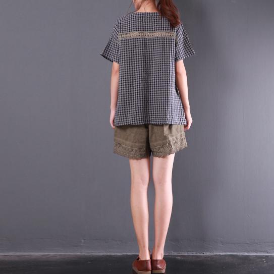 gray grid patchwork lace cotton t shirt oversize casual tops o neck blouse - Omychic