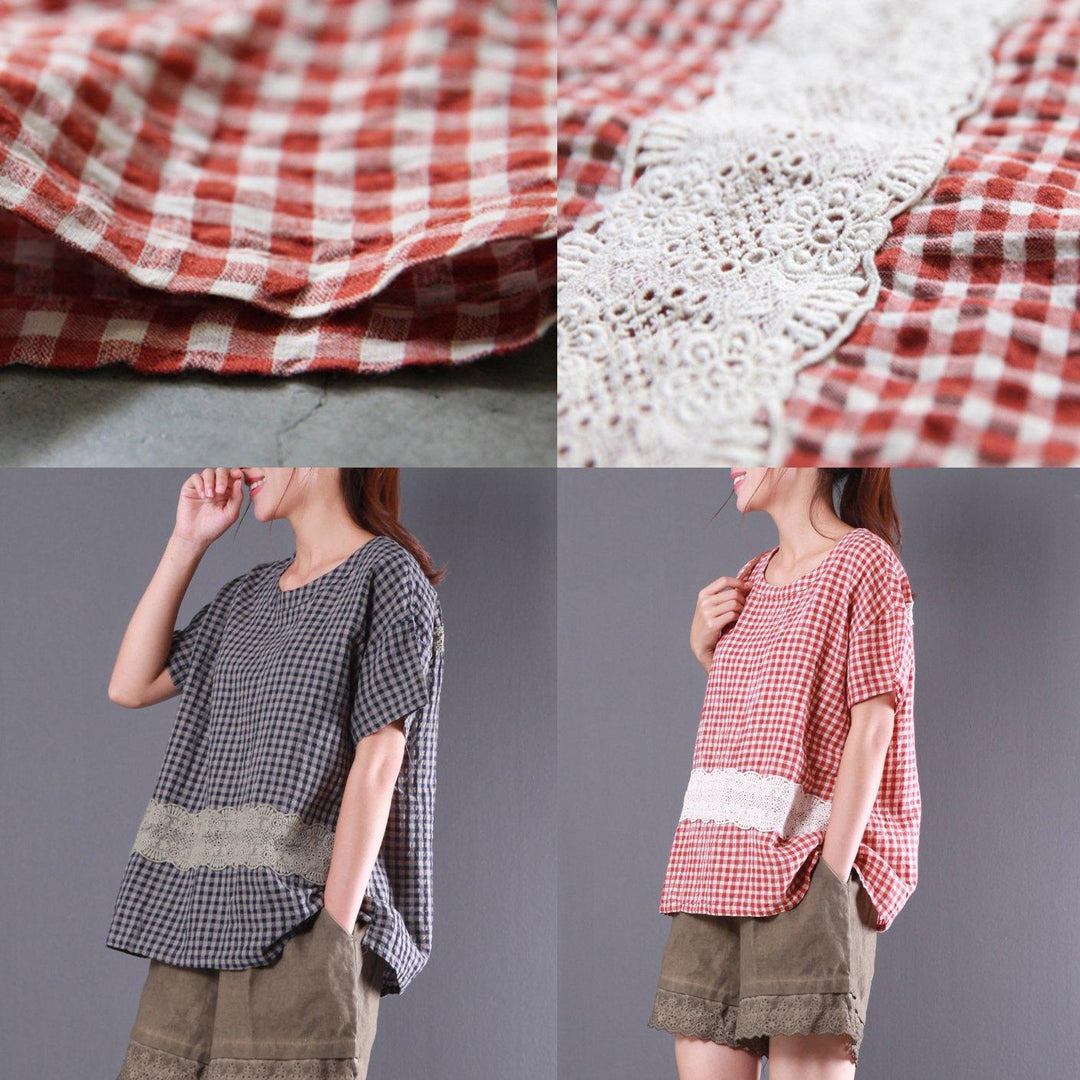 gray grid patchwork lace cotton t shirt oversize casual tops o neck blouse - Omychic
