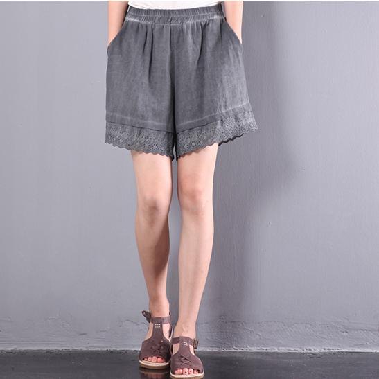gray lace patchwork linen pants casual loose shorts - Omychic