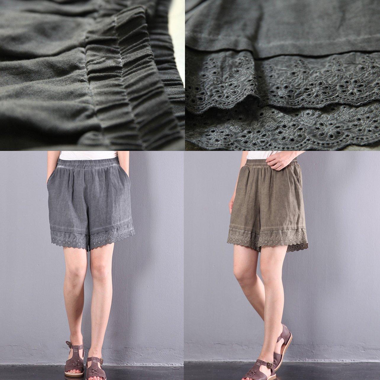 gray lace patchwork linen pants casual loose shorts - Omychic
