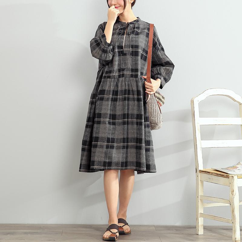 gray plaid plus size dresses summer linen maxi dress bracelet sleeved sundress - Omychic