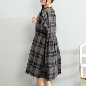 gray plaid plus size dresses summer linen maxi dress bracelet sleeved sundress - Omychic