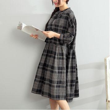 gray plaid plus size dresses summer linen maxi dress bracelet sleeved sundress - Omychic