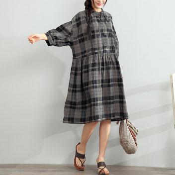 gray plaid plus size dresses summer linen maxi dress bracelet sleeved sundress - Omychic