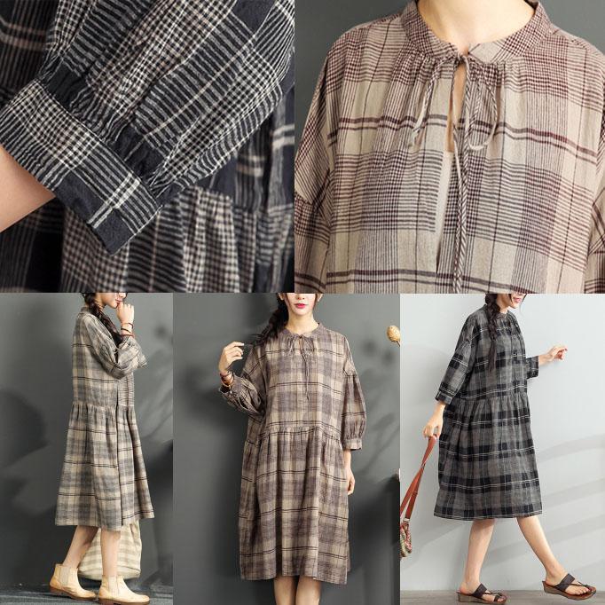 gray plaid plus size dresses summer linen maxi dress bracelet sleeved sundress - Omychic