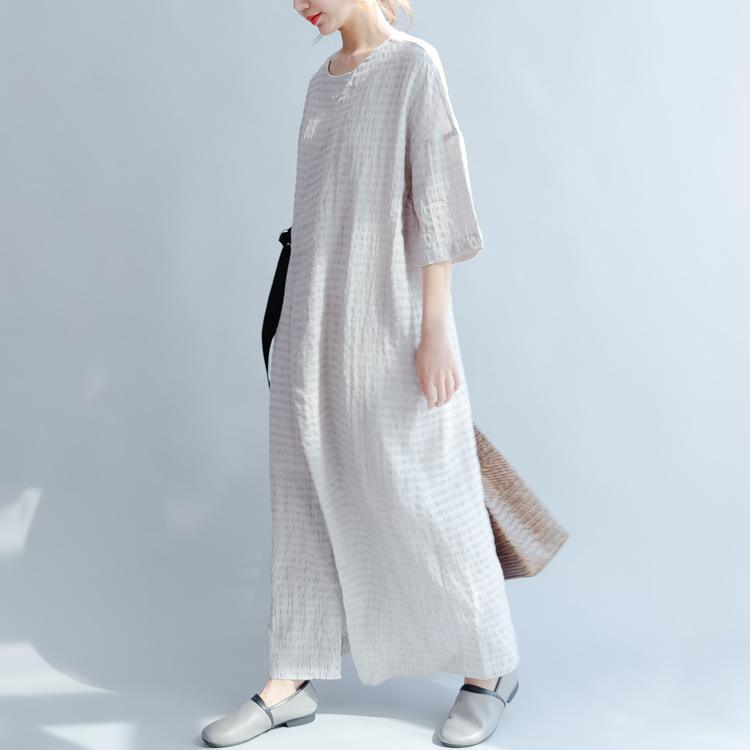 Gray Side Open Summer Dress Casual Plus Size Linen Maxi Dress Short Sleeve Sundress - Omychic
