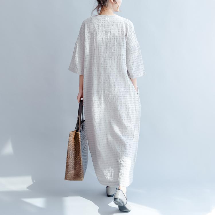 Gray Side Open Summer Dress Casual Plus Size Linen Maxi Dress Short Sleeve Sundress - Omychic