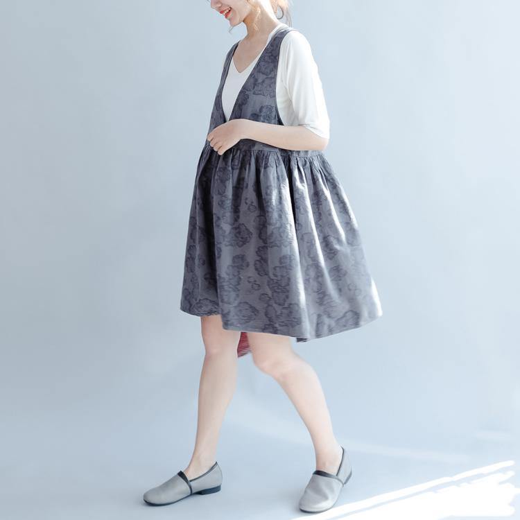 gray sleeveless sundress cotton v neck summer dresses embroidery stylish mid dress - Omychic