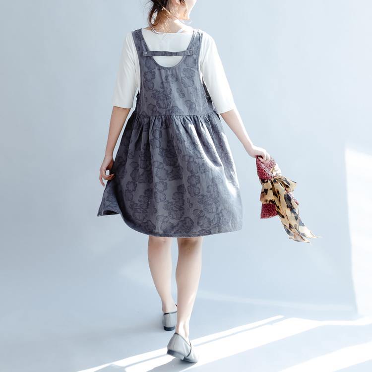 gray sleeveless sundress cotton v neck summer dresses embroidery stylish mid dress - Omychic