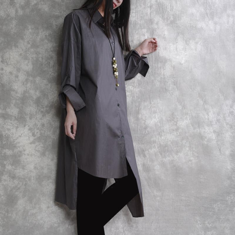 gray stylish cotton dresses plus size asymmetrical hem long shirt dress - Omychic