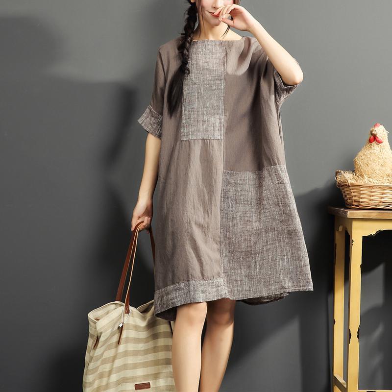 gray summer linen dresses patchwork oversize cotton sundress short sleeve shirt dress - Omychic