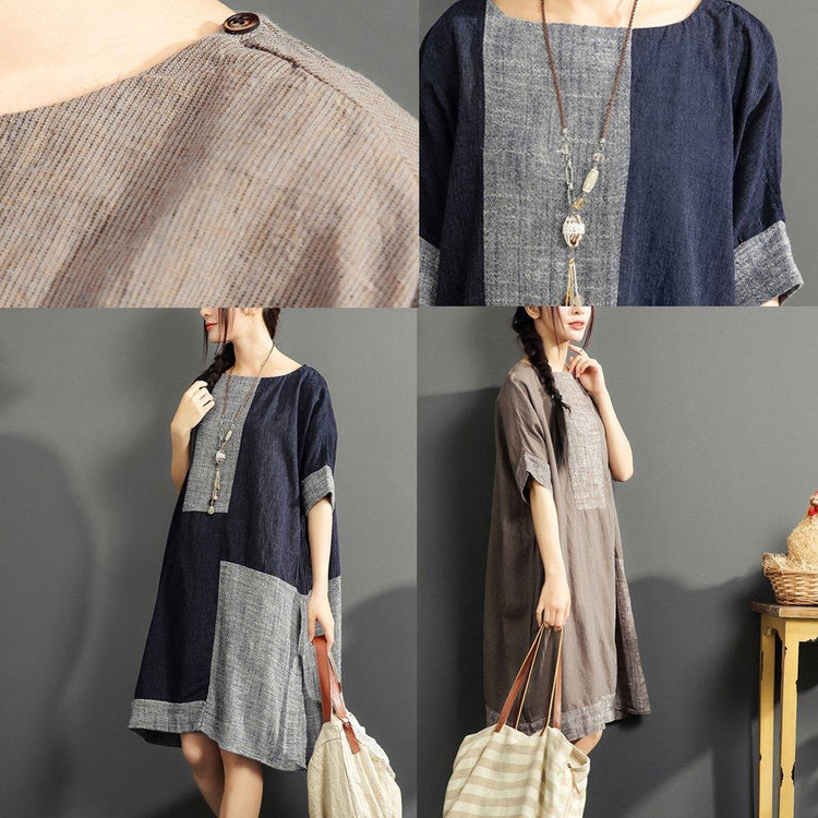 gray summer linen dresses patchwork oversize cotton sundress short sleeve shirt dress - Omychic