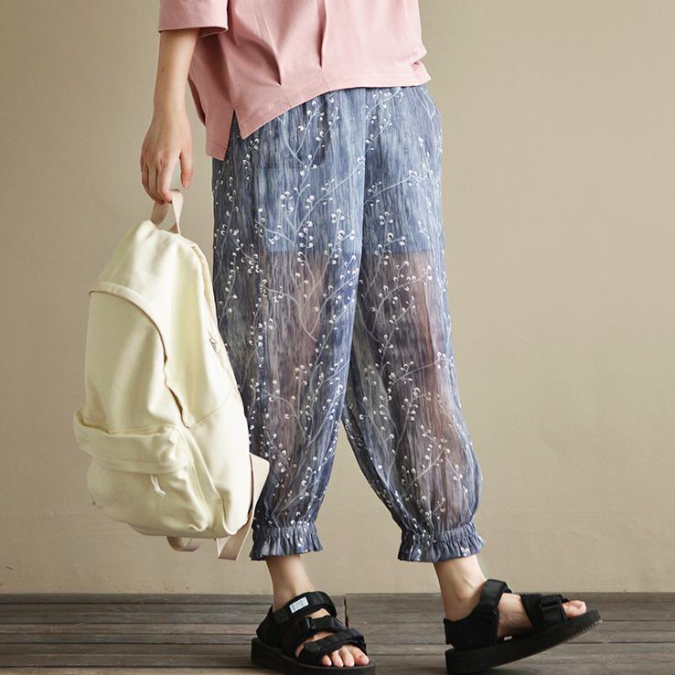 gray summer print chiffon pants plus size elastic waist lantern pants - Omychic