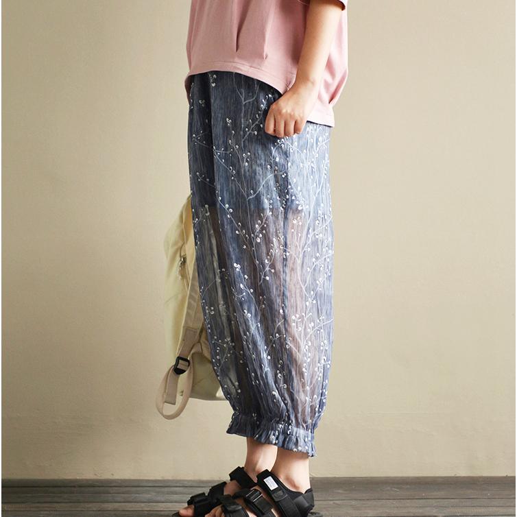 gray summer print chiffon pants plus size elastic waist lantern pants - Omychic