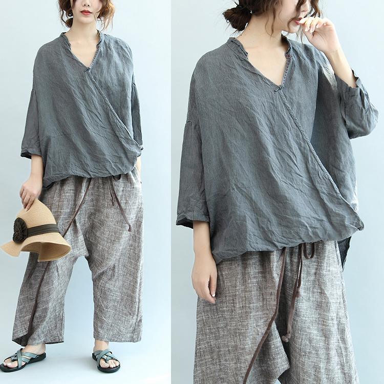 Gray Vintage Linen Blouse Oversize Casual Chinese Button Tops O Neck T Shirt - Omychic