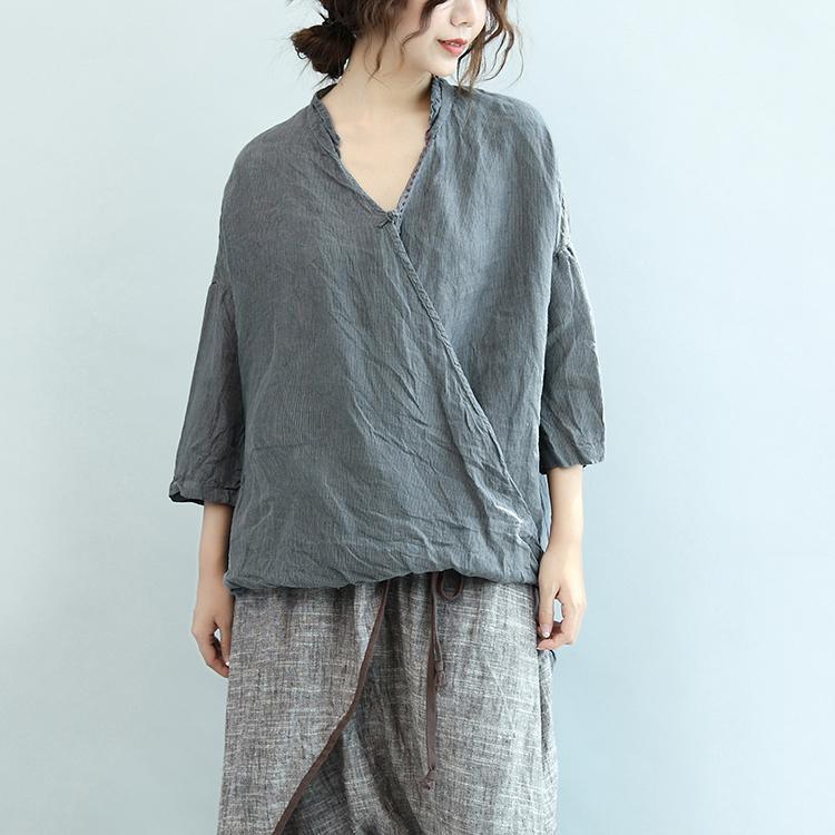 Gray Vintage Linen Blouse Oversize Casual Chinese Button Tops O Neck T Shirt - Omychic