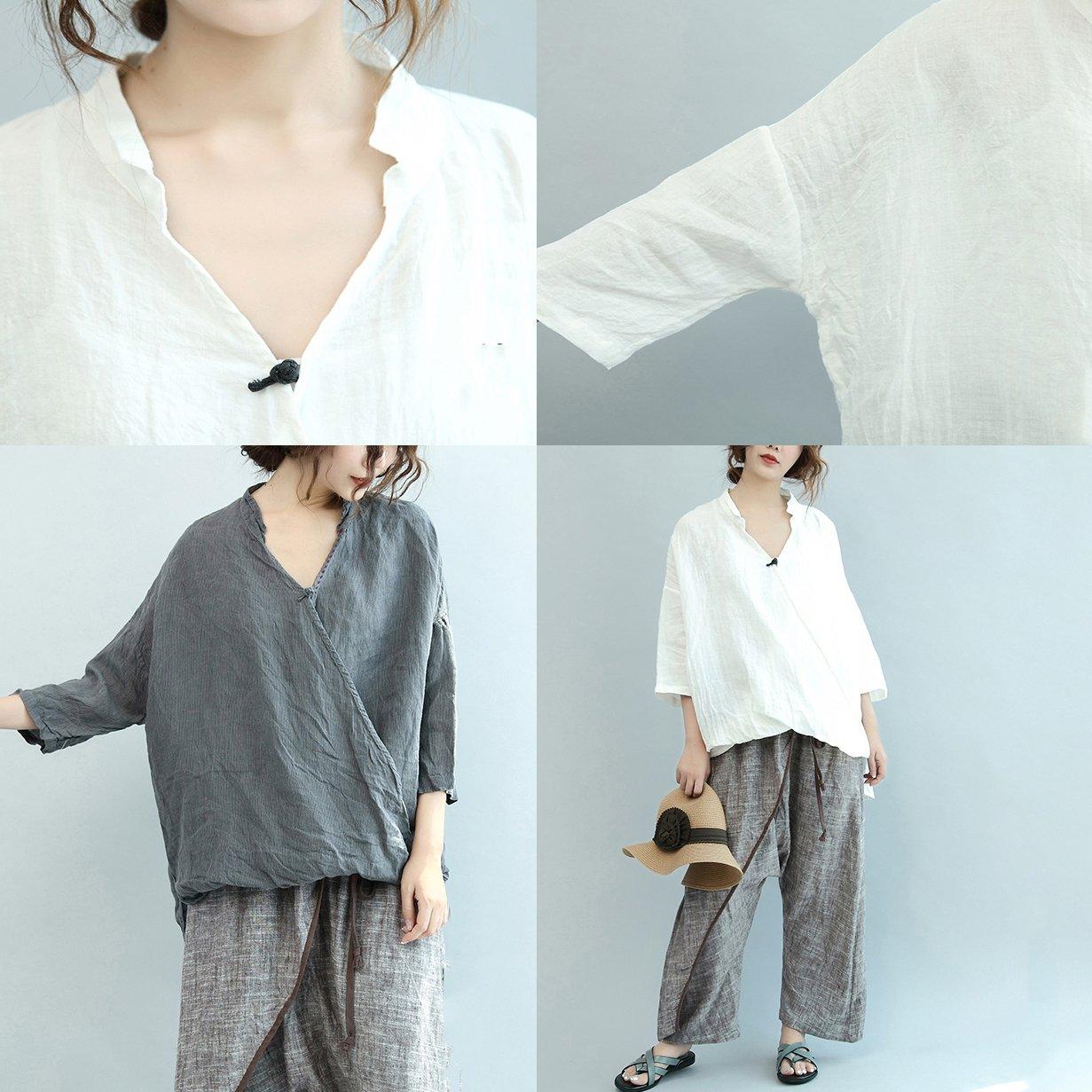 Gray Vintage Linen Blouse Oversize Casual Chinese Button Tops O Neck T Shirt - Omychic