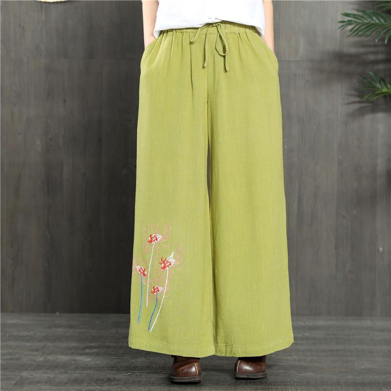 green embroidery linen pants plus size women wide leg pants - Omychic