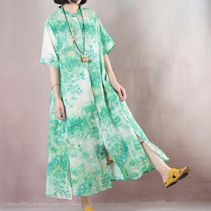 green linen caftans oversized Stand gown 2018 short sleeve print kaftans - Omychic