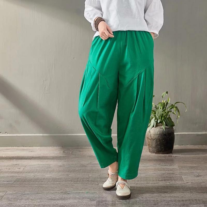 green new linen casual pants loose elastic waist harem pants - Omychic