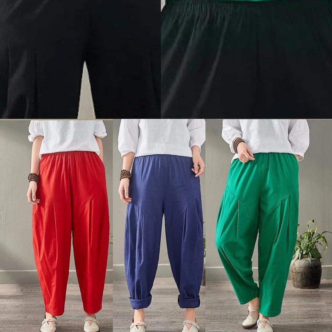 green new linen casual pants loose elastic waist harem pants - Omychic