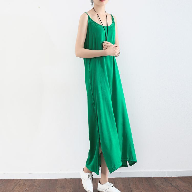 green casual cotton maxi dress plus size silk sundress sleeveless women dress - Omychic