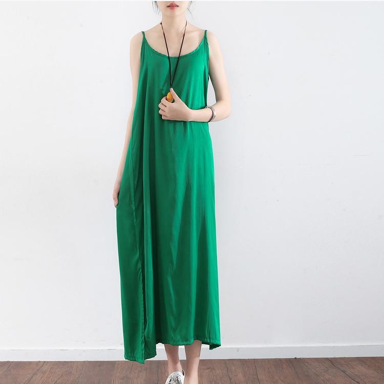 green casual cotton maxi dress plus size silk sundress sleeveless women dress - Omychic